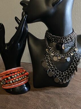 Vintage Layered Bib Silver Disc Statement Necklace with Red Beaded Bracelet Set